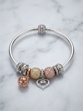 Michael Hill 925 Sterling Silver Charm Bangle Bracelet Bundle | Rose Gold Pavé